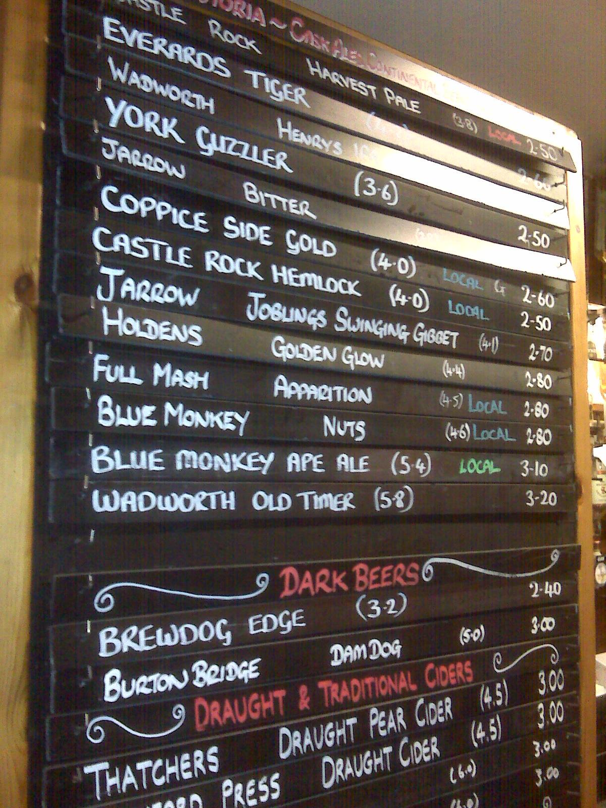 Beer selection, Victoria, Beeston, Nottingham