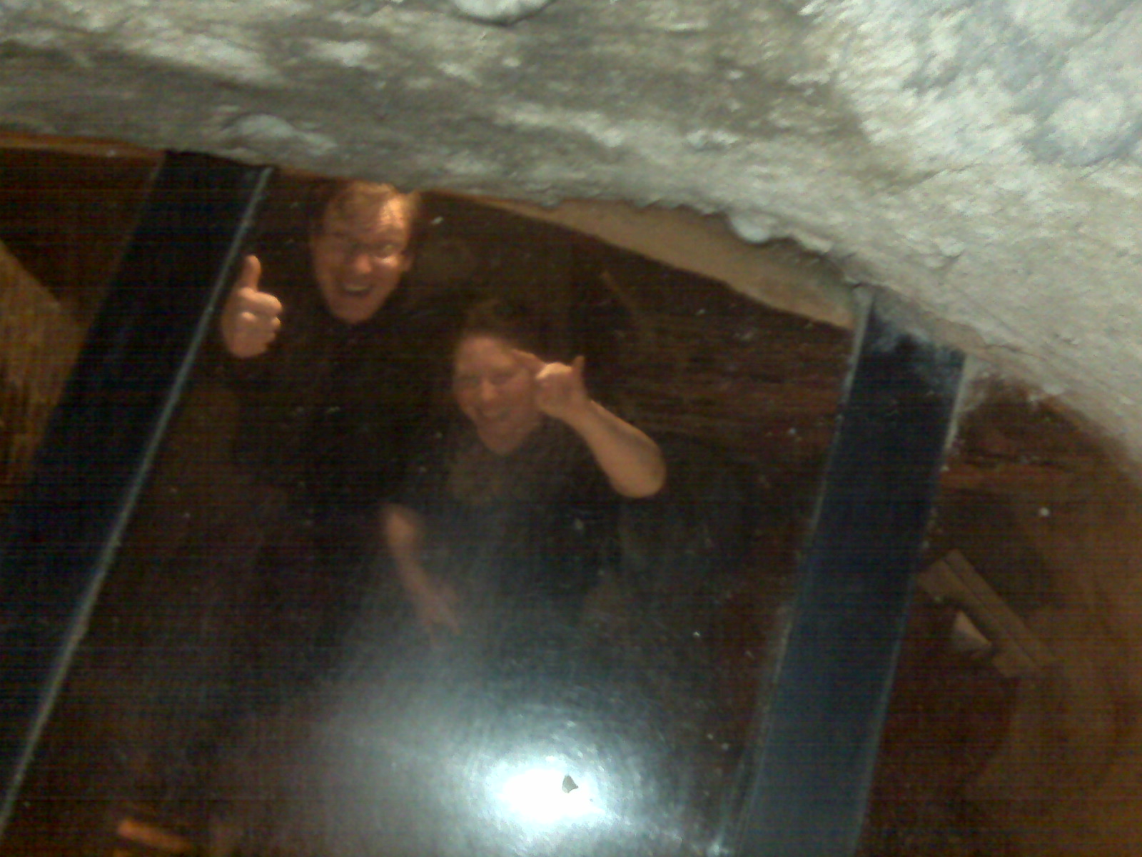 Avril and I looking through a hole in the floor, Ye Olde Trip to Jerusalem, Nottingham