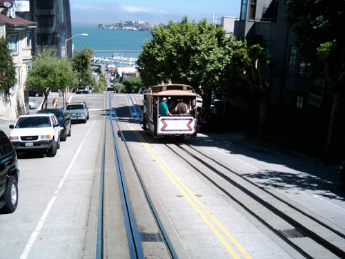 Tram in a stereotypical San Francisco scene