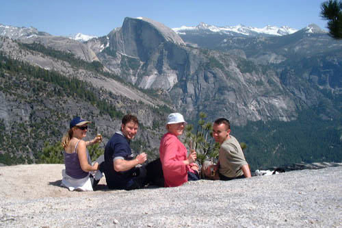 Lisa, Me, Laura, Dave enjoying a bottle of Coronita each at the top of Yosemite Point